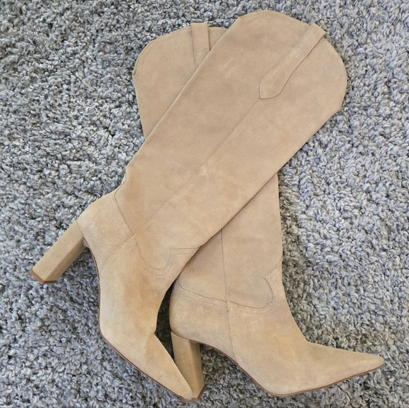 Zara Western Tall Suede Leather Knee-High Women's Cowboy Boots Tan 40 EU/ 9 US - Picture 4 of 15